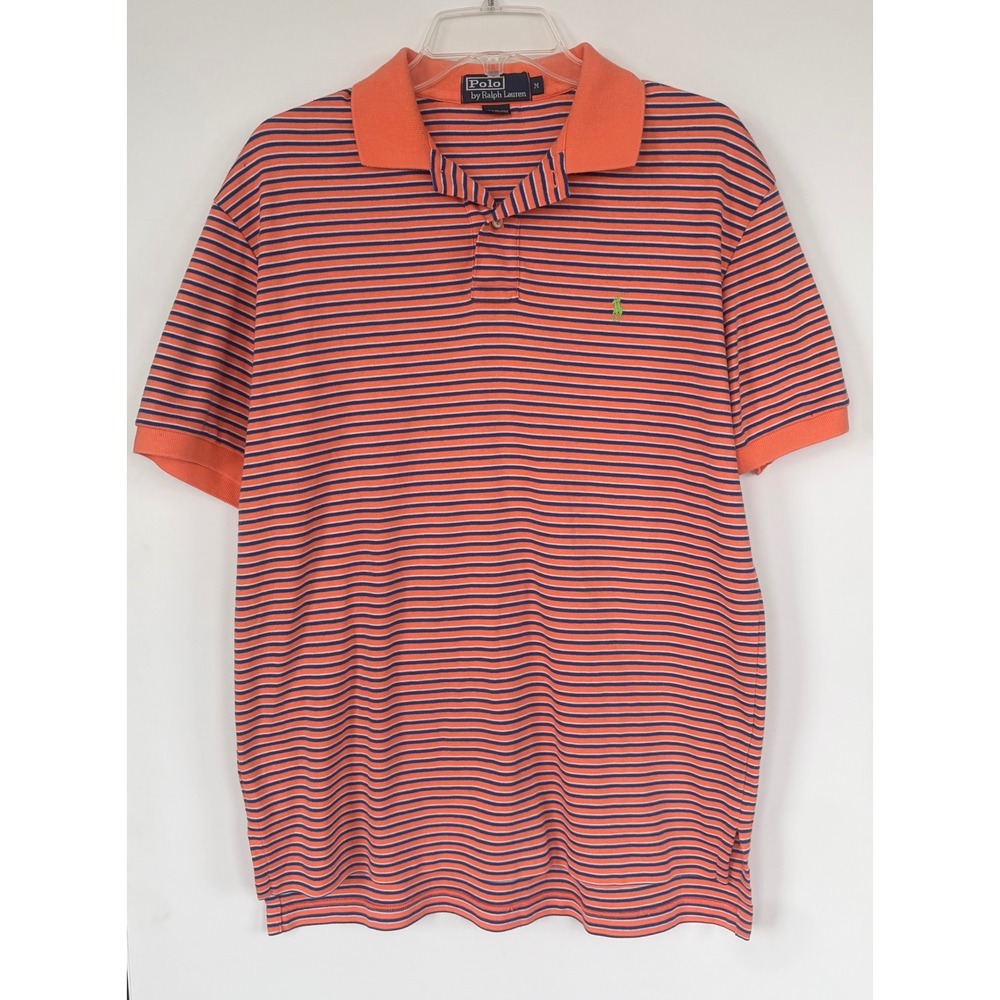 Polo Ralph Lauren Mens Medium Orange Navy Striped Short Sleeve Polo Shirt Cotton - Picture 1 of 6